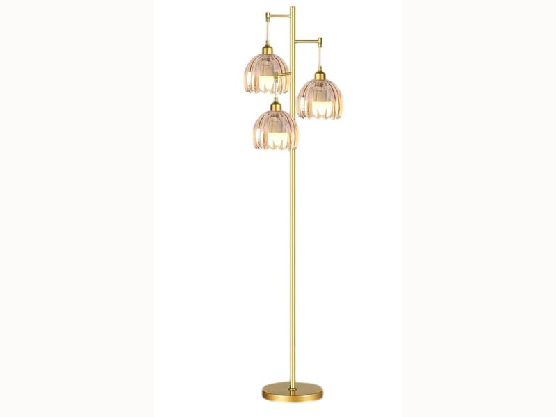 Gold Tree Floor Lamp &ndash; 3 Amber Glass Flower Shades, Brass Finish