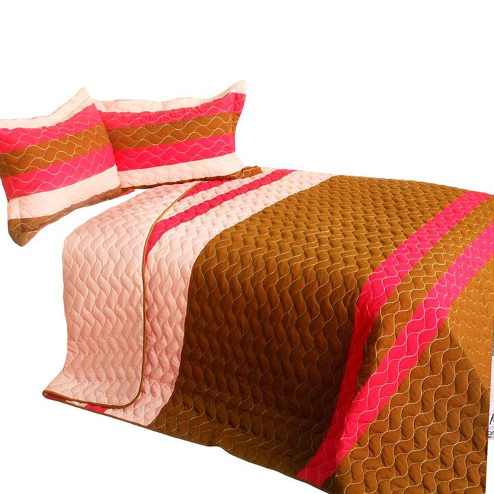 Soft Quiet Time 3 Piece Patchwork Quilt Set with Vermicelli Quilting-Coffee