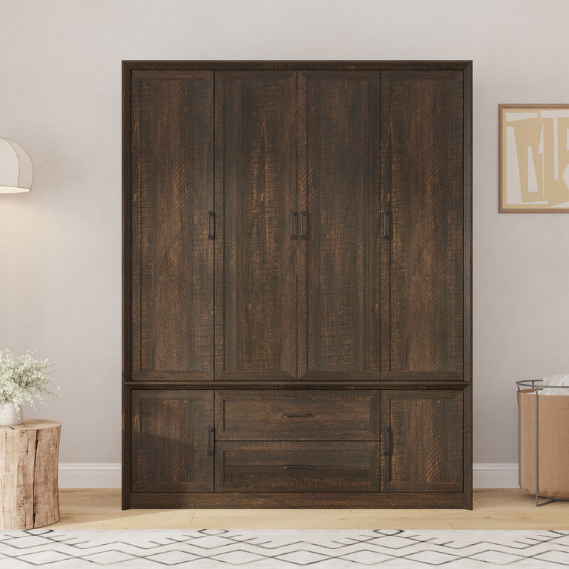 FUFU&GAGA 6-Door 2-Drawer Wardrobe with Black Metal Handles, Dark Brown Wood Grain Finish (62"W x 20.9"D x 79.7"H), Dark Brown