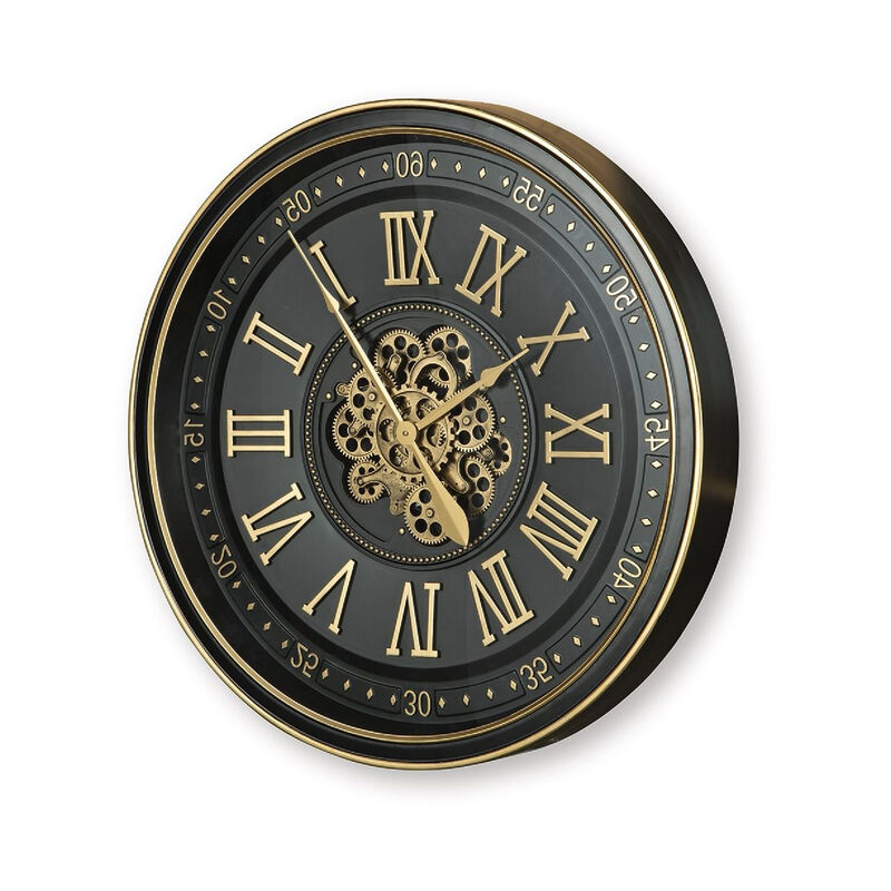 Wall Clock with Gears, Gold Roman Numerals, 32 Inch Round Black Metal image number 3
