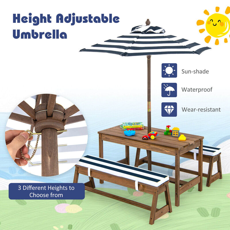Picnic Table and Bench Set with Cushions and Height Adjustable Umbrella