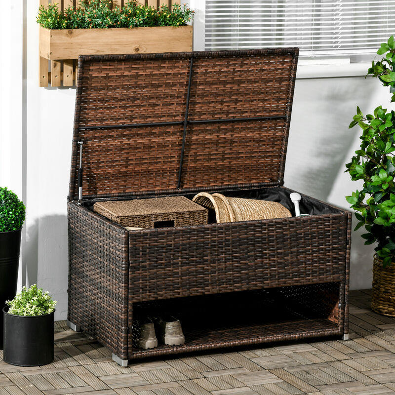 Outsunny Outdoor Deck Box & Shoe Storage, PE Rattan Wicker Towel Rack with Liner for Indoor, Outdoor, Patio Furniture Cushions, Pool, Toys, Garden Tools, Brown