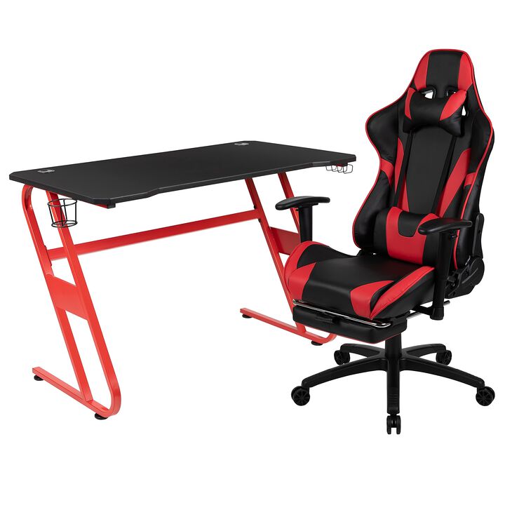 Flash Furniture Red Gaming Desk and Red/Black Footrest Reclining Gaming Chair Set with Cup Holder and Headphone Hook