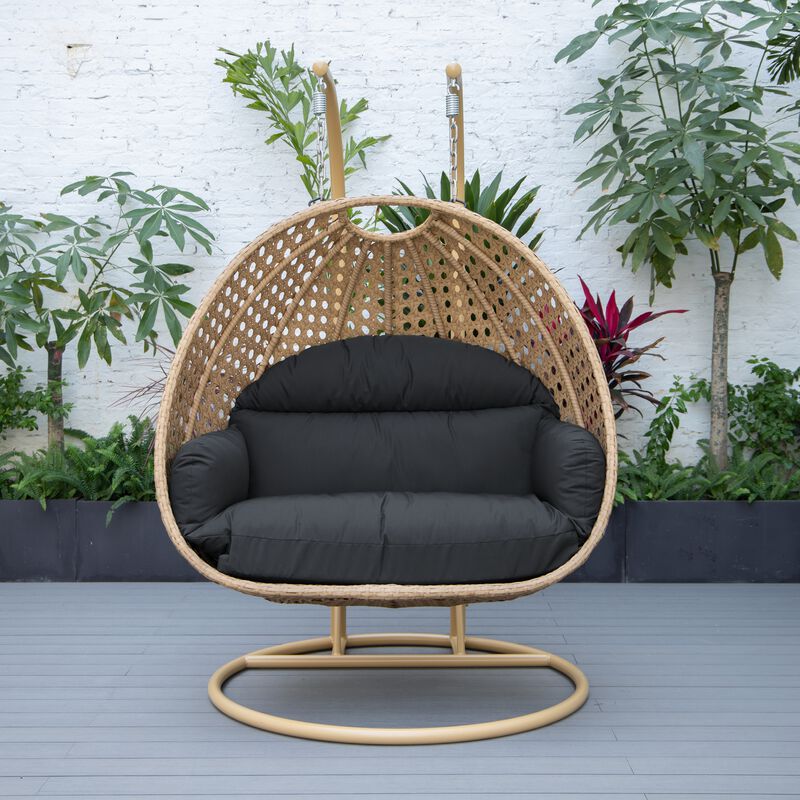 LeisureMod Mendoza Light Brown Wicker Hanging 2 person Egg Swing Chair Removable Cushion With Iron Base