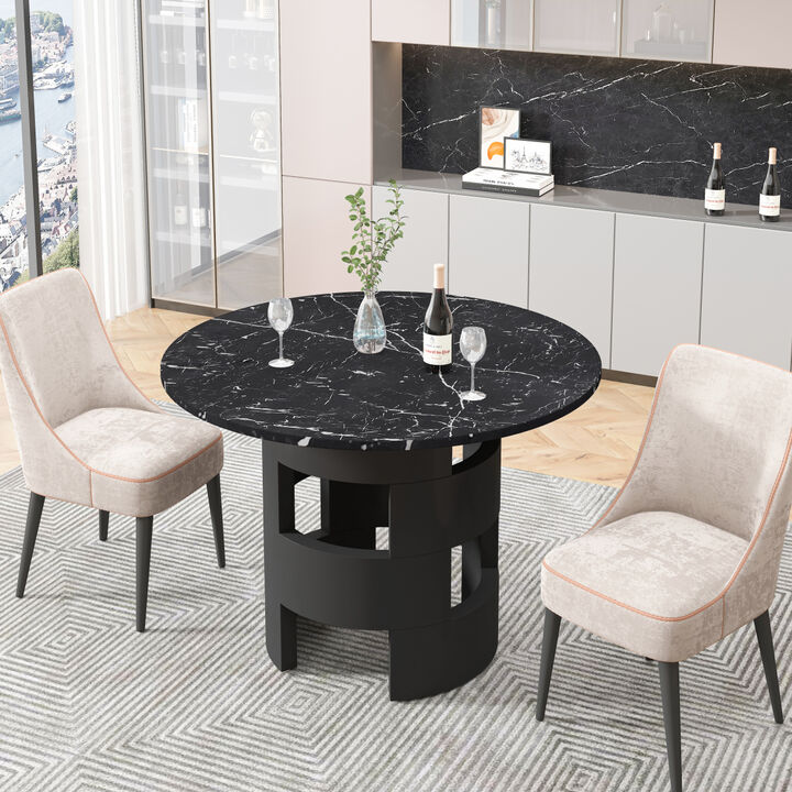 42.12" Modern Round Dining Table with Printed Black Marble Tabletop for Dining Room, Kitchen, Living Room