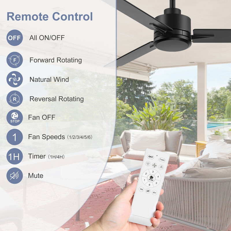 Breezary 48" Ceiling Fan No Light, 3 Blades, DC Motor, 6 Speeds, Remote Control, Reversible image number 2