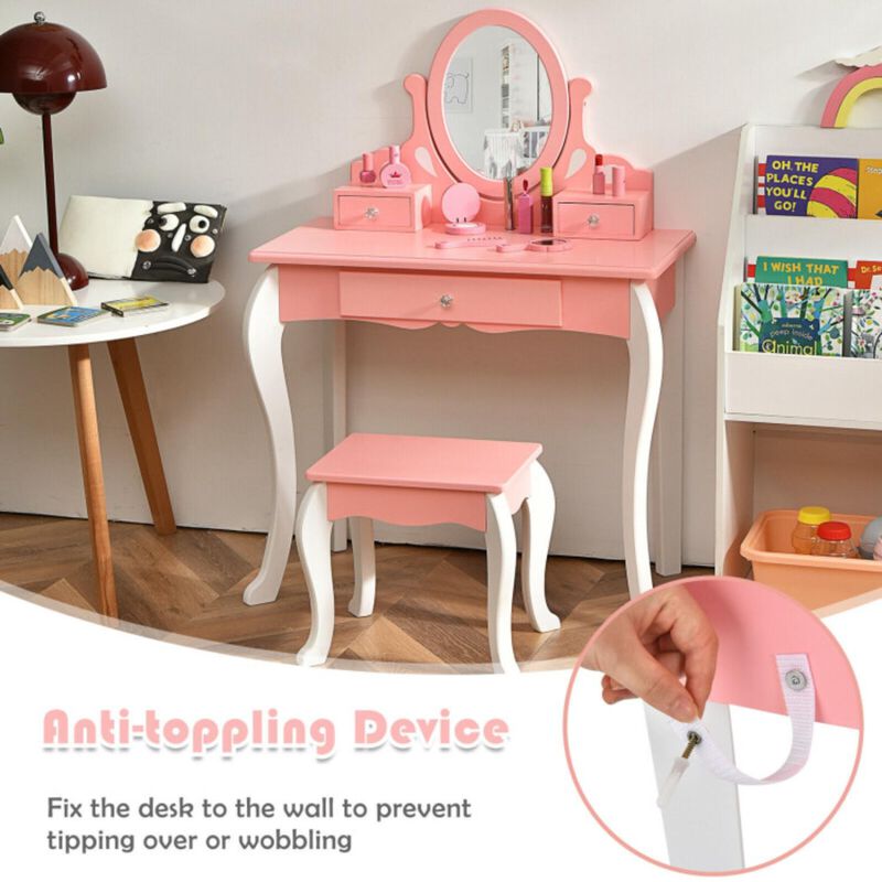 Kids Vanity Princess Makeup Dressing Table Stool Set with Mirror and Drawer