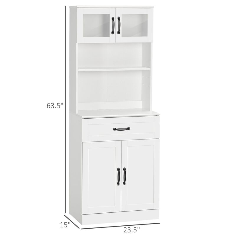 Freestanding Kitchen Pantry, 4-Door Buffet Cabinet with Hutch, Coffee Bar with Adjustable Shelves, 63.5 Inches, White