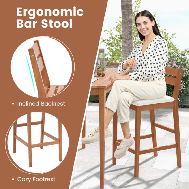 Hivvago Set of 2 Outdoor Wood Barstools with Soft Seat Cushion