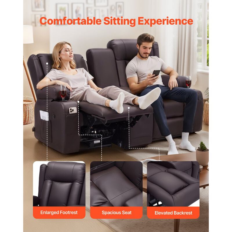 Loveseat Recliner Sofa, Manual PU Leather Couch with Console, USB & Cup Holders image number 4