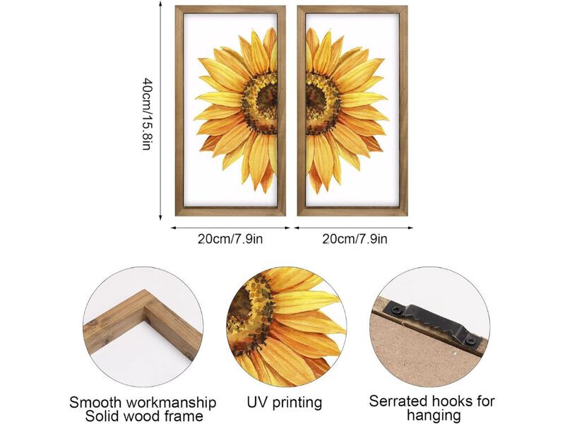 Sunflower Wall Decor Set of 2 Wood Framed Art for Kitchen Bedroom Living Room image number 2