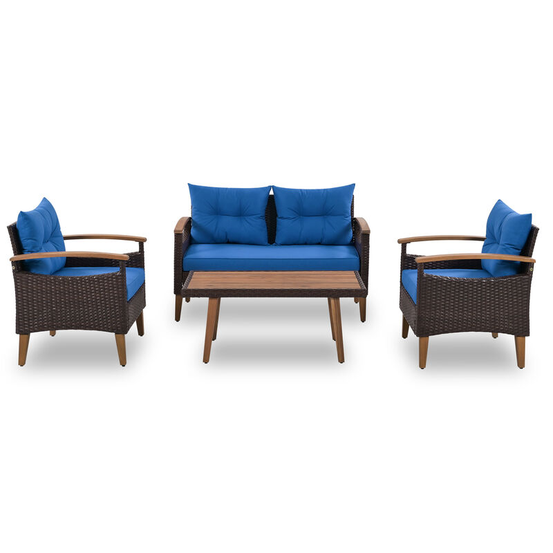 4-Piece Garden Furniture, Patio Seating Set, PE Rattan Outdoor Sofa Set, Wood Table and Legs, Brown and Blue