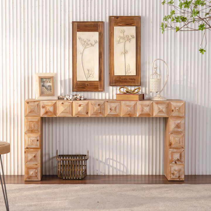 59.06"Rustic Geometric Relief Console Table-Entryway Table with 3D Carved Details