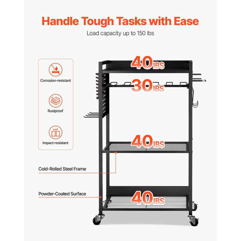Heavy Duty 4-Tier Rolling Workshop Tool Cart with Drill Holder and Storage Shelves-Black image number 7