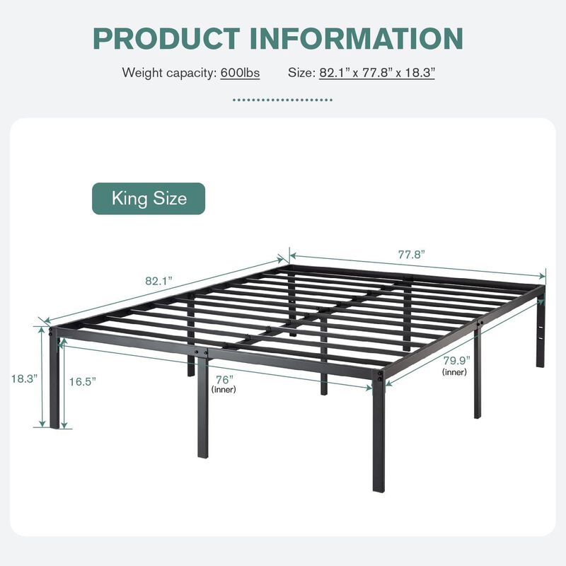 QuikFurn King 18-inch Metal Platform Bed Frame with Under-Bed Storage Space