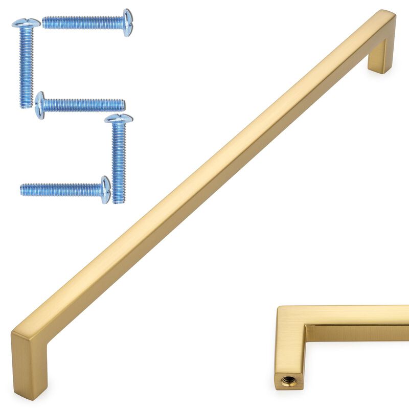 KOOFIZO Solid Square Bar Cabinet Handle - Brushed Gold Furniture Pull, 10 Inch/256mm Screwhole Distance, Pack of 5 for Kitchen C