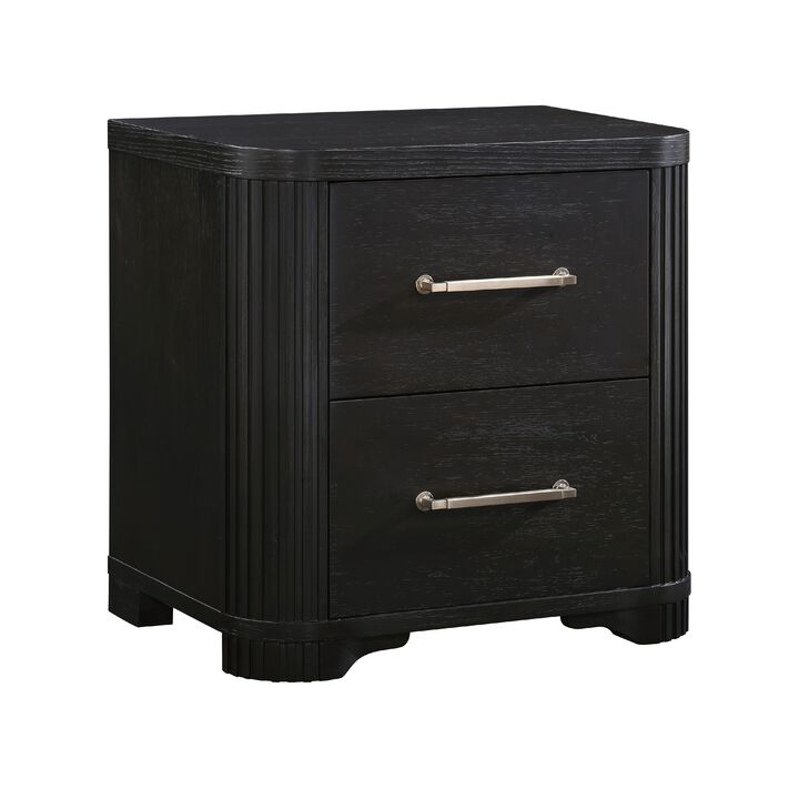 Chas Nightstand, 2 Drawers Brass Bar Handles, Charcoal Black Wood - Benzara