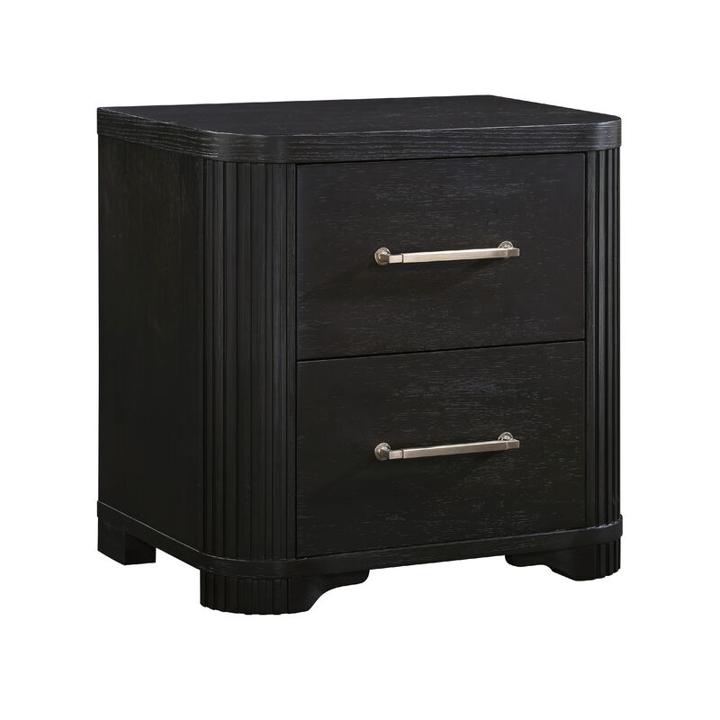 Chas Nightstand, 2 Drawers Brass Bar Handles, Charcoal Black Wood - Benzara