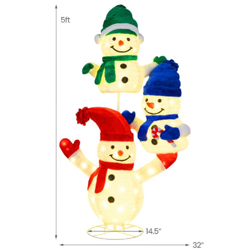 5-Foot Lighted Stacked Snowman Christmas Decoration with 110 LED Lights image number 2