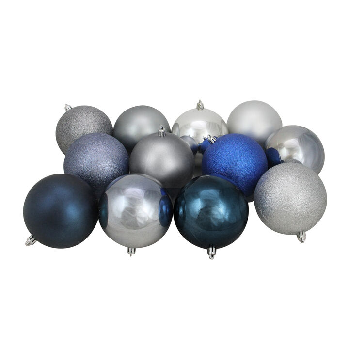 12ct Blue and Silver Shatterproof 3-Finish Christmas Ball Ornaments 4" (100mm)