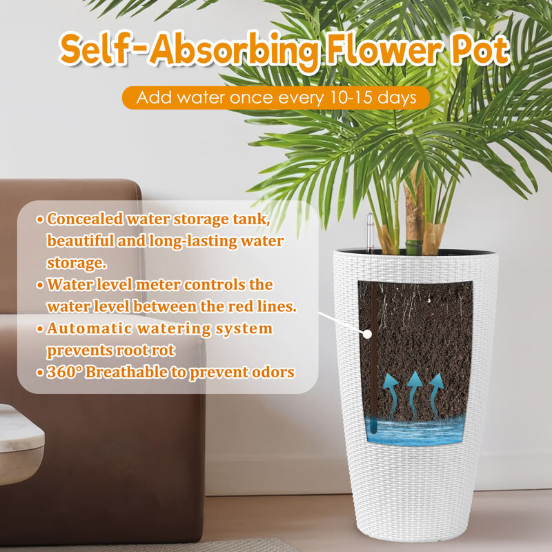 WOW PIONEER Set of 2 Faux Rattan Tall Planters for Indoor Outdoor Use with Automatic Watering System, Water Level Monitor, Inner Bucket for Garden Patio Porch Backyard image number 3