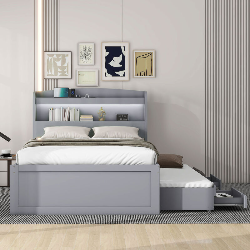 Merax Twin XL Size Platform Bed with Storage LED Headboard
