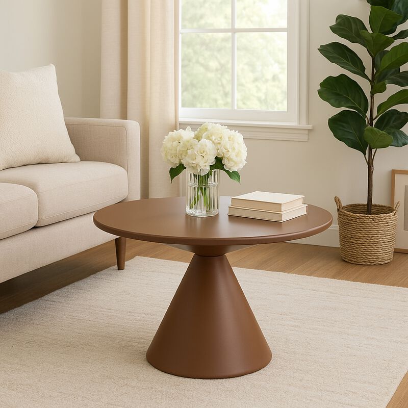 Jammy Plant Stand Table, Round 24 Inch Top, Brown Metal Cone Base - Benzara
