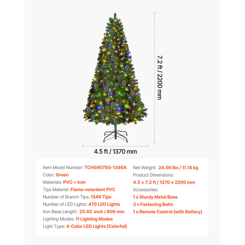 VEVOR Christmas Tree 7.2ft Xmas Tree with 470 Colorful LEDs & 11 Lighting Modes image number 6