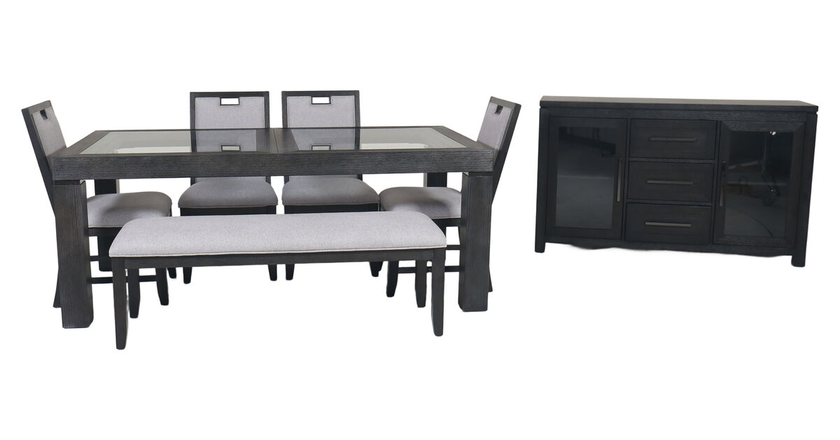Elodie Dining set with Bench, 4 Chairs & Server