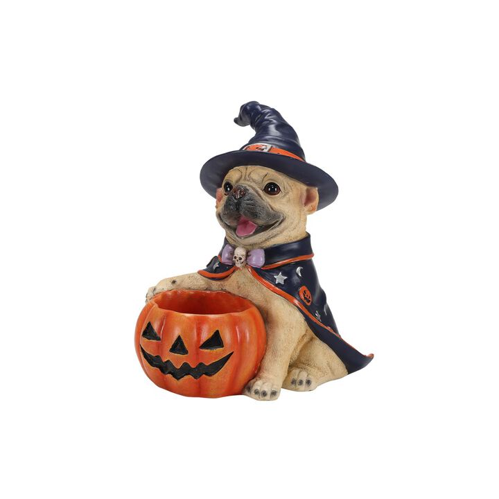 Worip Halloween Resin Dog Witch Figurine with Pumpkin Candy Bowl