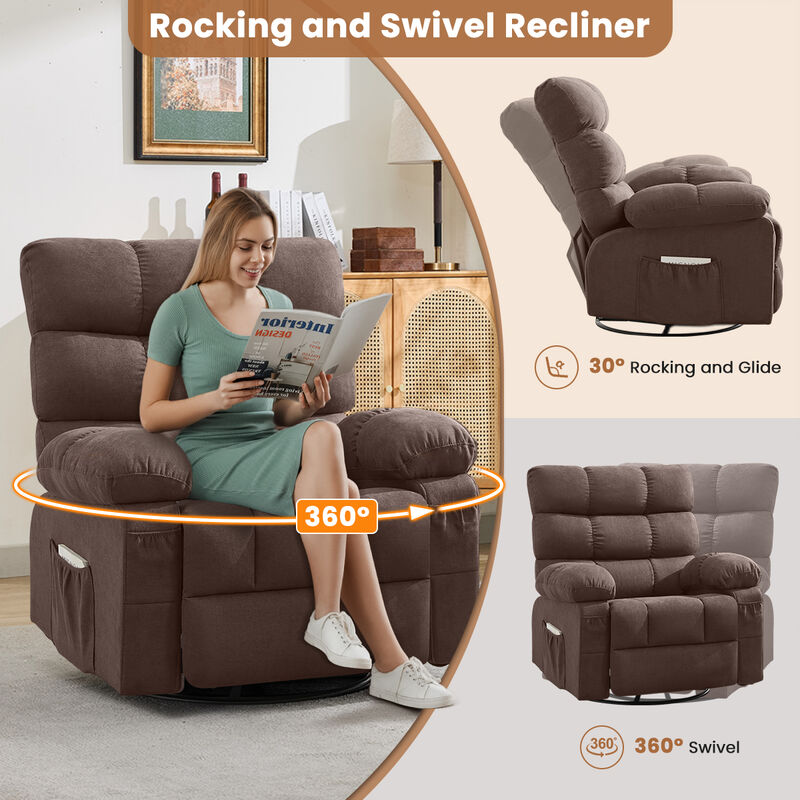 360&deg; Upholstered Swivel Rocker Recliner Chair, Single Seat Glider Reclining Chair with Side Pockets, Ergonomic Reading Chair image number 4