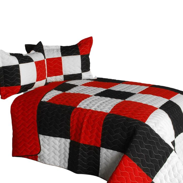 3 Piece Queen Size Patchwork Quilt Set with Vermicelli Quilted Design-Black