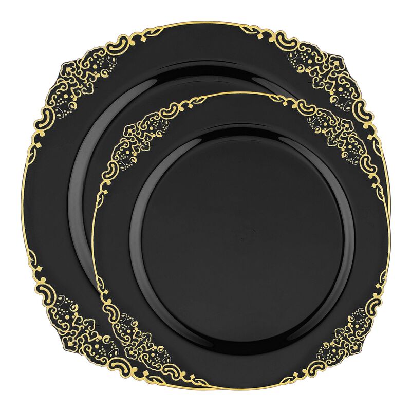 Black with Gold Fancy Round Plastic Dinnerware Value Set (60 Sets) image number 0