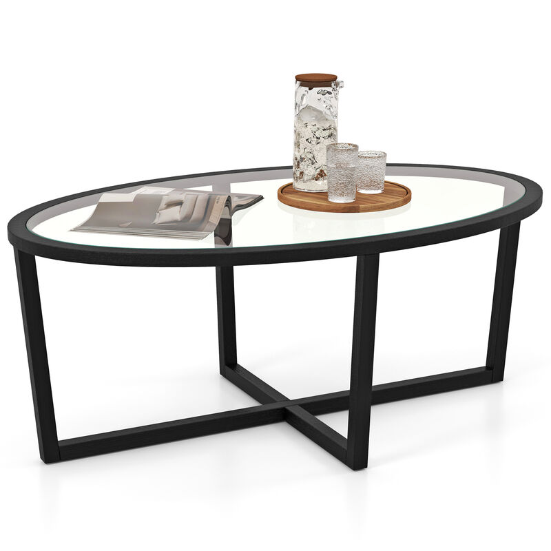 Oval Glass Coffee Table with Cross Base and Acacia Wood Legs for Modern Living Room Decor