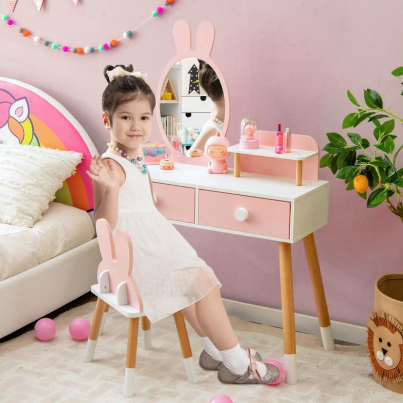 Hivvago Kids Vanity Table and Chair Set with Drawer Shelf and Rabbit Mirror
