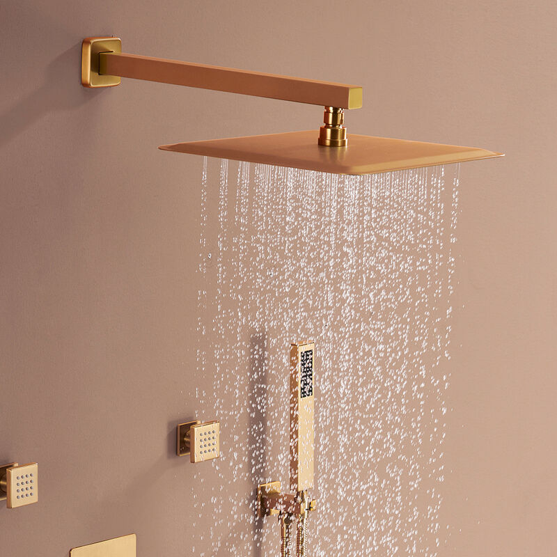Mondawe Temperature Digital Display 3 Functions Wall Mounted Thermostatic Shower System with 6 Body Jets and Rough-in Valve in Brushed Gold
