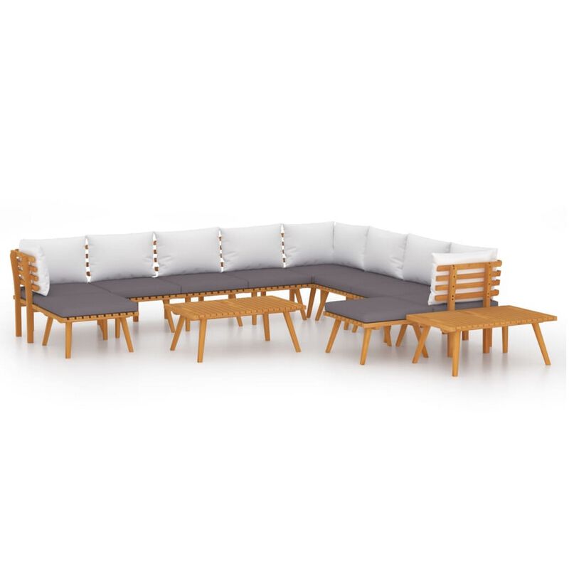 Roma 12pc Set Outdoor Modular Sofa, 2 Tables Acacia Wood, Gray, White - Benzara