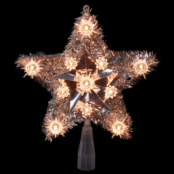 9" Silver Tinsel Star Christmas Tree Topper - Clear Lights