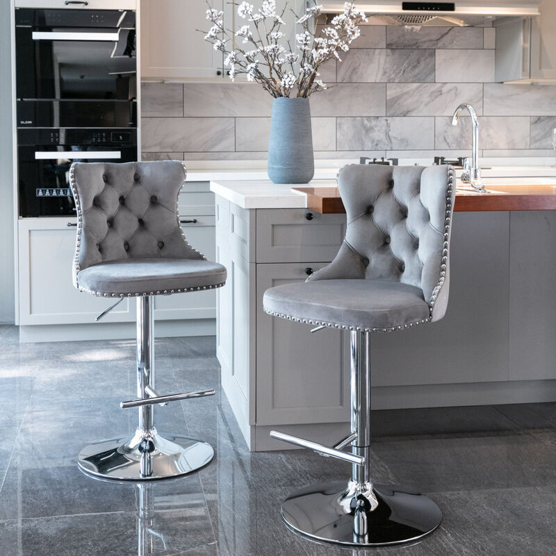 Streamdale Gray Swivel Velvet Bar Stools (Set of 2) image number 1