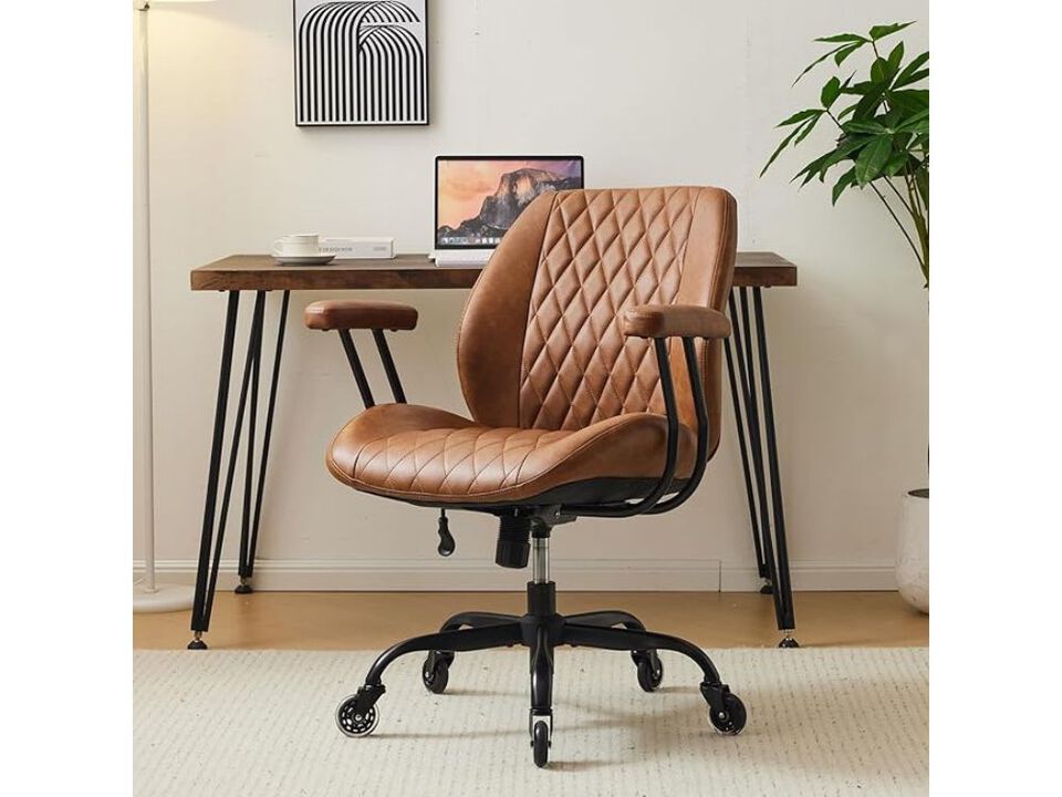 Office Chair &ndash; Brown Leather Ergonomic Desk Seat with Lumbar Support, Casters & Armrests