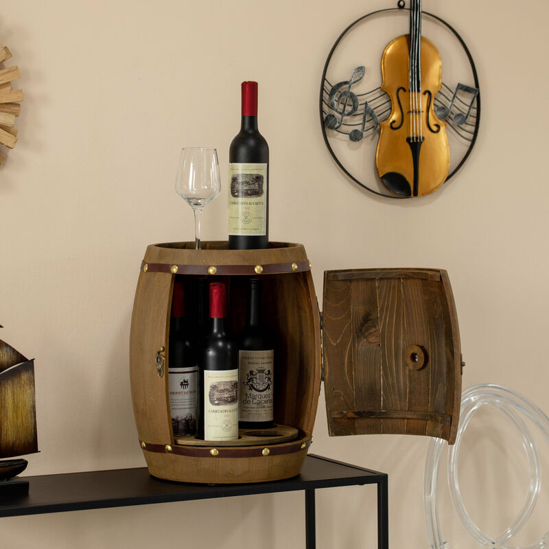 Vintage Wooden Barrel Shaped Wine Holder with a rotating turntable that allows easy access to your wine for Dining Room, Entryway, or Kitchen