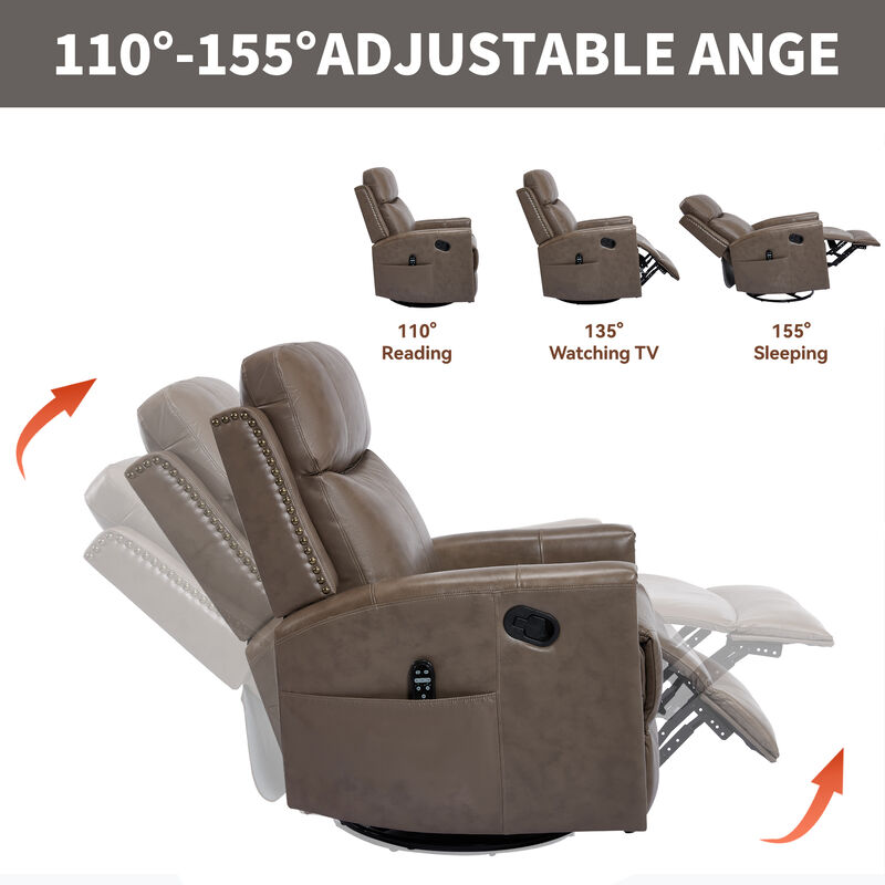 Gnuine Leather Heat Massage Manual Recliner Chair with Rocker and Swivel image number 7