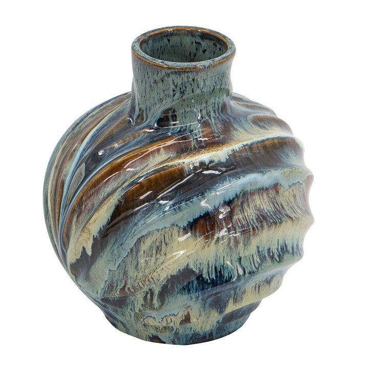 HomeRoots 11" Blue Beige And Brown Abstract Wavy Ceramic Table Vase