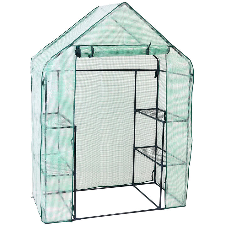 Sunnydaze Small Steel PE Cover Walk-In Greenhouse with 4 Shelves - Green