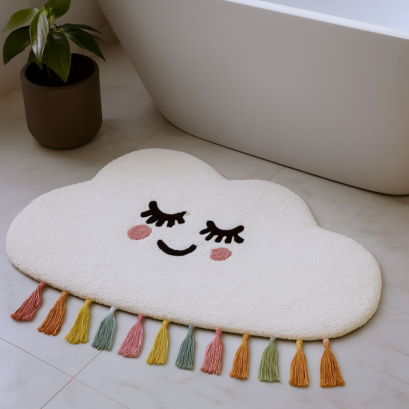 HomeRoots Cloud Shape Smiley Face Washable Area Rug With Tassels image number 1