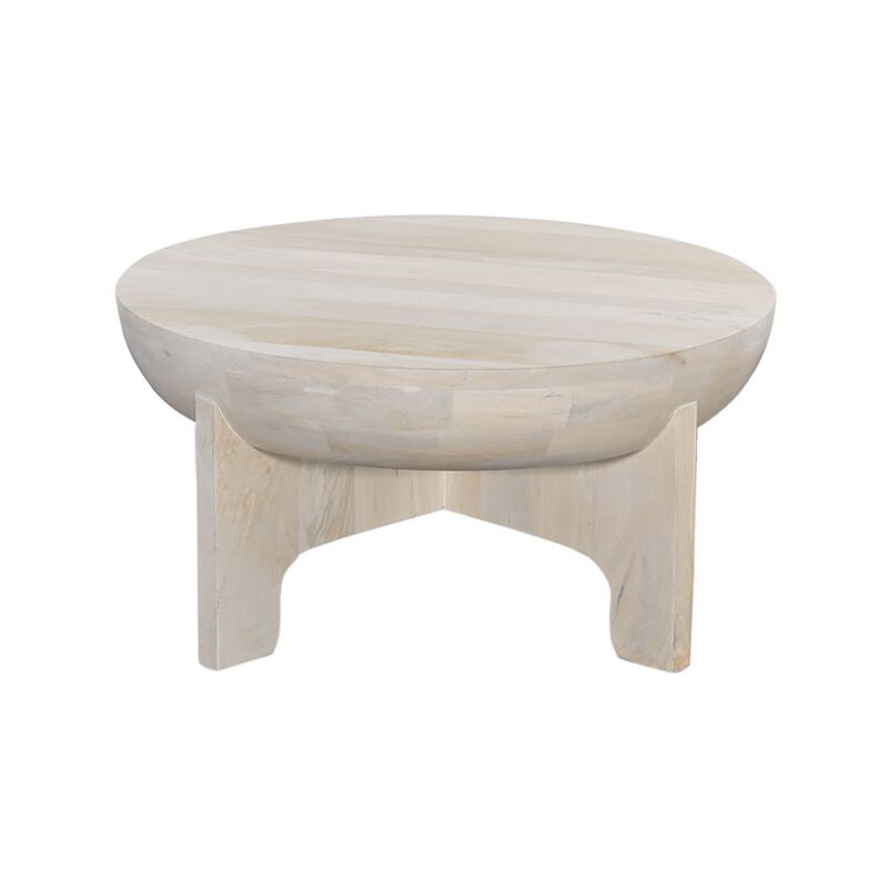 Tomas 32 Inch Coffee Table, Mango Wood Drum Top, Classic Washed White - Benzara
