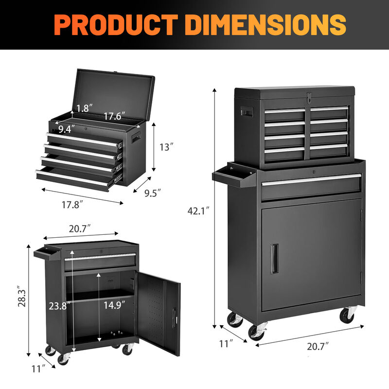 ELEMENT ACE 5-Drawer Rolling Tool Storage Cabinet with Detachable Top Tool Box, Lockable Wheels, Adjustable Shelf, Locking Mechanism and 154 Included Tools for Garage Workshop image number 2