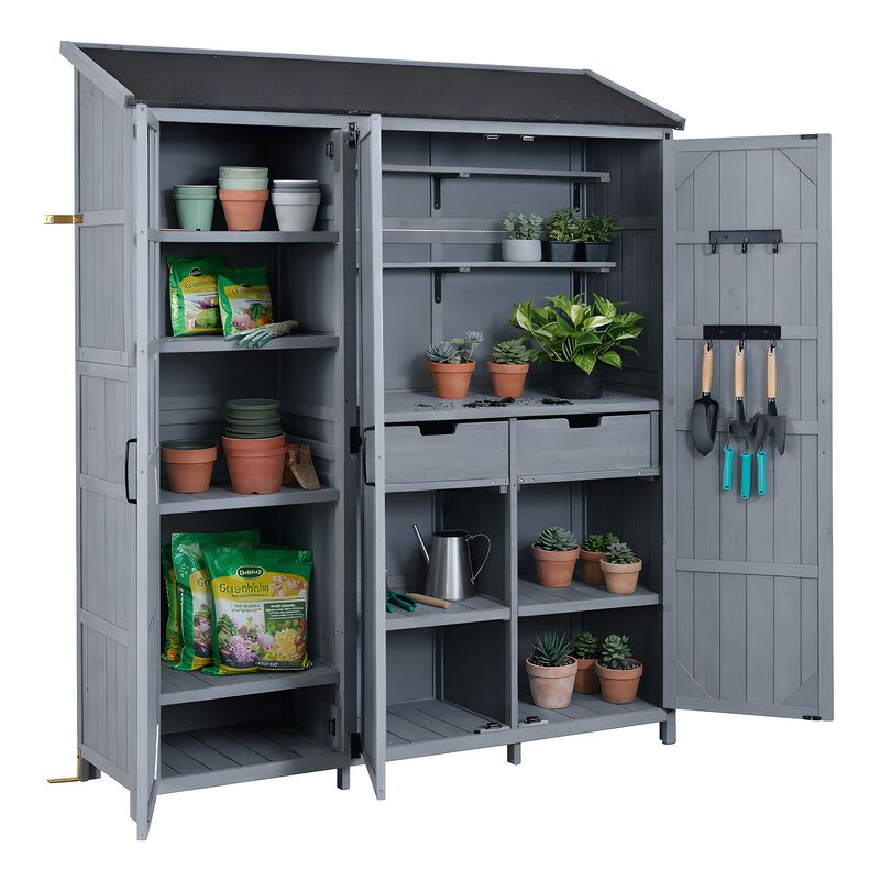 Whisen 60.6" Rustic Fir Wood Garden Shed with 2 Drawers, 7 Shelves & Workstation, Outdoor Backyard Storage Cabinet image number 2