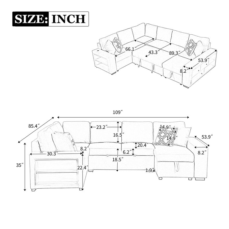 Merax U-shaped Sectional Sofa Pull-out Sofa Bed image number 9
