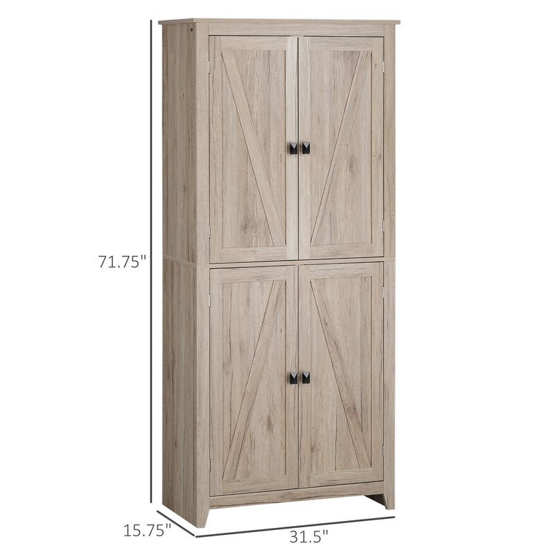 72" Freestanding 4-Door Kitchen Pantry, Storage Cabinet Organizer with 4-Tiers, and Adjustable Shelves, Natural